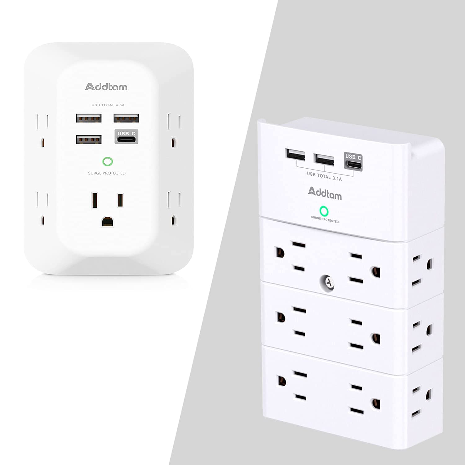 Surge Protector 5 Outlet Extender with 4 USB Charging Ports (1 USB C Outlet) 3 Sided 1800J Power Strip and Addtam Surge Protector Wall Mount with 12 Outlet Extender- 3 Sides and 3 USB Ports (1 USB-C)