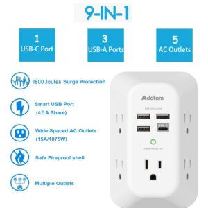 Surge Protector 5 Outlet Extender with 4 USB Charging Ports (1 USB C Outlet) 3 Sided 1800J Power Strip and Addtam Surge Protector Wall Mount with 12 Outlet Extender- 3 Sides and 3 USB Ports (1 USB-C)