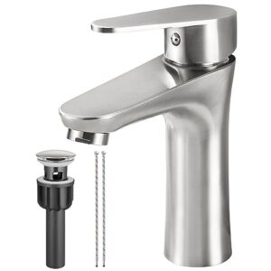 heyalan brushed nickel bathroom faucet single handle 1 hole sus304 stainless steel deck mount lavatory single switch basin sink hot and cold water mixer tap with pop up drain