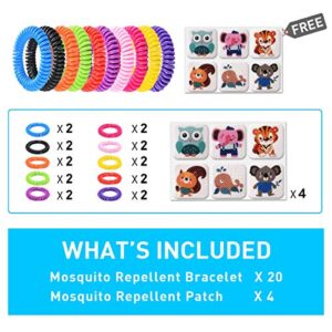 Mosquito Bracelet 20 Pack with 4 Patches, Waterproof Bug Repellent Wrist Bands, Fit for Kids & Adults, Natural Ingredients and Deet-Free,pest Control, Safe Indoor Outdoor Protection