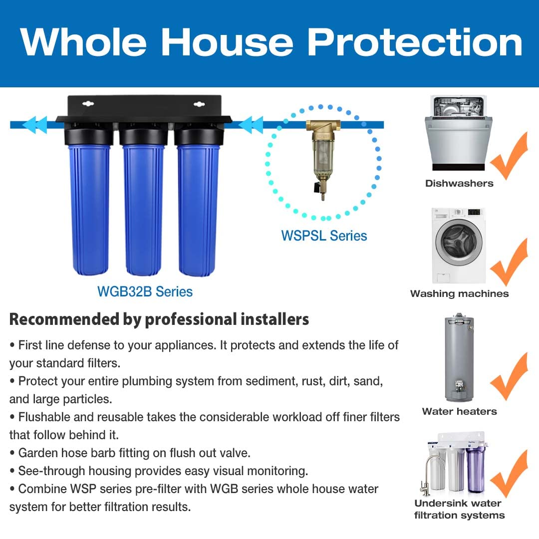 iSpring WGB21B 2-Stage Whole House Water Filtration System & WSP-50SL Reusable Whole House Spin Down Sediment Water Filter with Siliphos, Multiple Micron Sizes, 20 GPM, 1" MNPT + 3/4" FNPT, 50