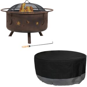 sunnydaze 30-inch cosmic fire pit with cooking grill grate, spark screen, and fireplace poker and round gray/black heavy-duty 300d polyester 2-tone 30-inch x 12-inch outdoor fire pit cover bundle