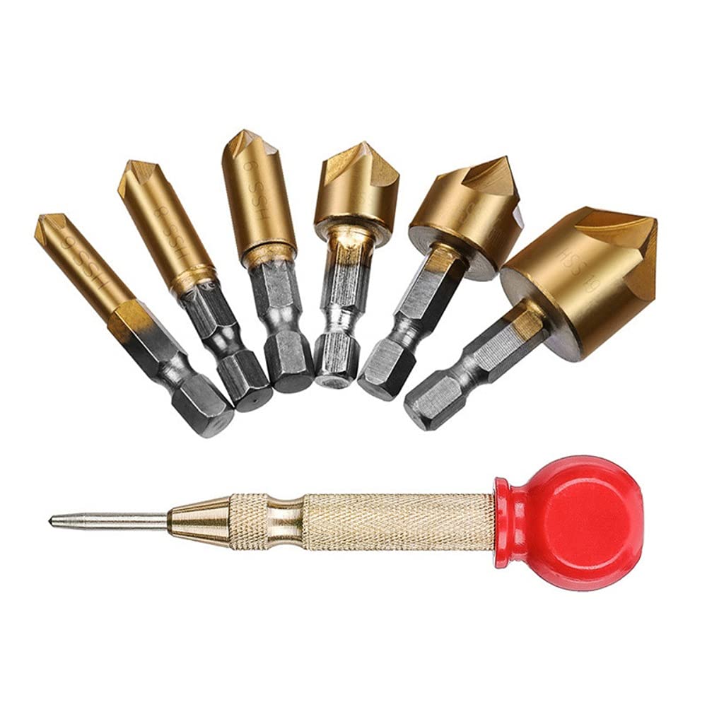 A-XINTONG 6PCS 1/4" Hex Shank Titanium Coated 5 Flute 90 Degree Countersink Drill Bits, 6mm-19mm HSS Countersink Woodworking Chamfer Drill Bit Set with a Automatic Center Punch