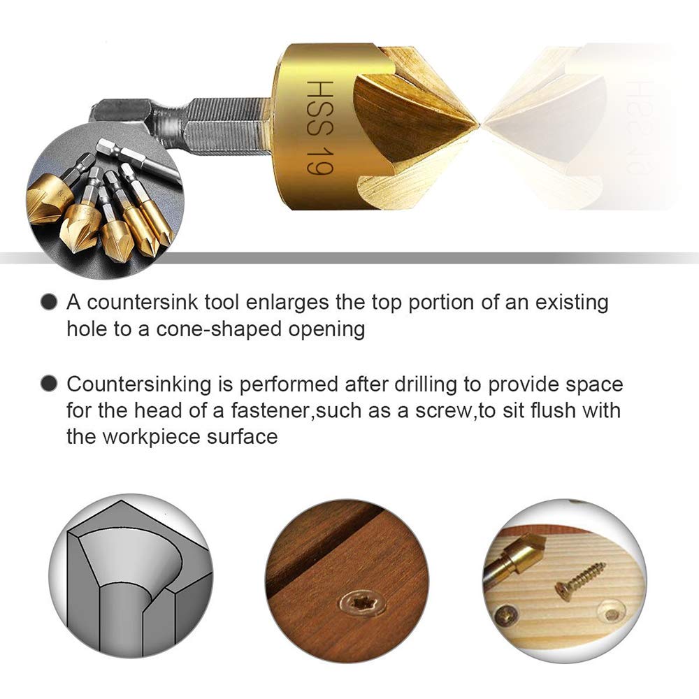 A-XINTONG 6PCS 1/4" Hex Shank Titanium Coated 5 Flute 90 Degree Countersink Drill Bits, 6mm-19mm HSS Countersink Woodworking Chamfer Drill Bit Set with a Automatic Center Punch