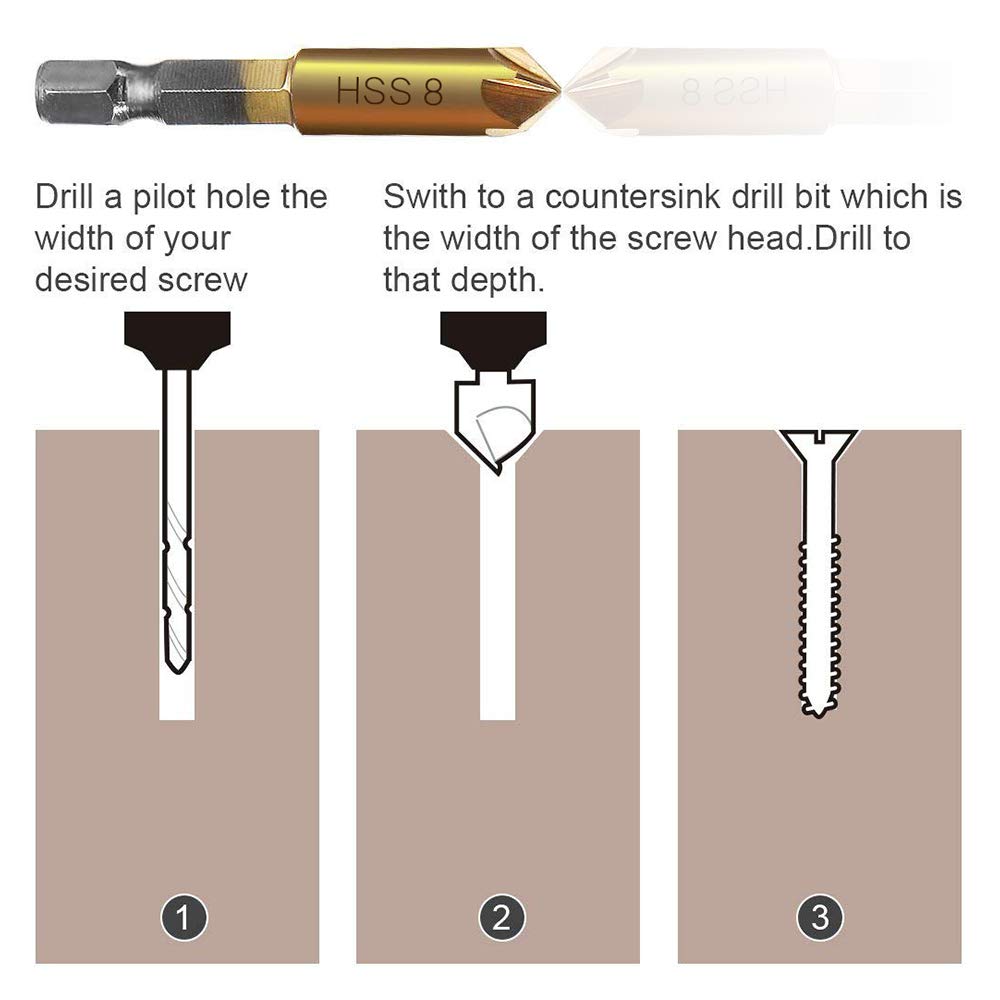 A-XINTONG 6PCS 1/4" Hex Shank Titanium Coated 5 Flute 90 Degree Countersink Drill Bits, 6mm-19mm HSS Countersink Woodworking Chamfer Drill Bit Set with a Automatic Center Punch