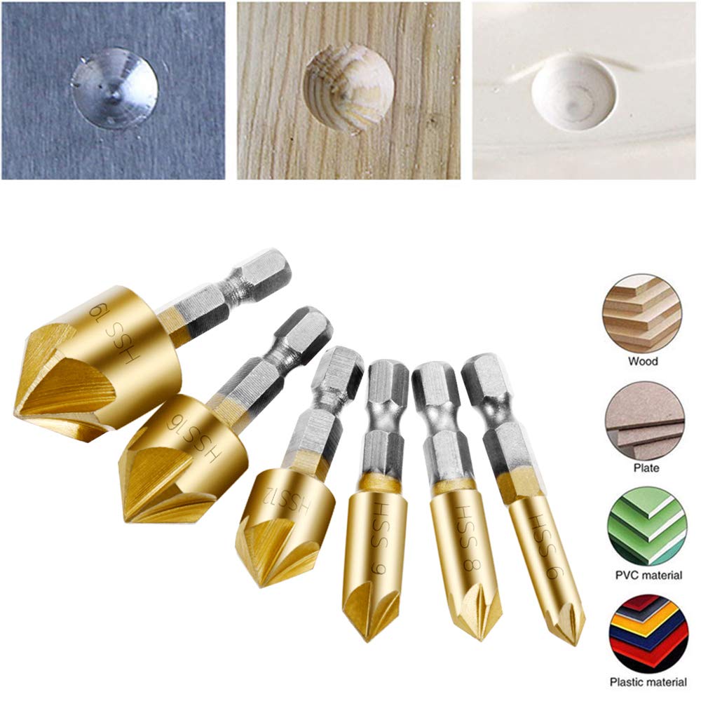 A-XINTONG 6PCS 1/4" Hex Shank Titanium Coated 5 Flute 90 Degree Countersink Drill Bits, 6mm-19mm HSS Countersink Woodworking Chamfer Drill Bit Set with a Automatic Center Punch