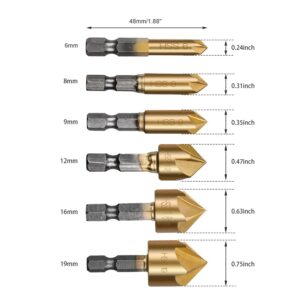 A-XINTONG 6PCS 1/4" Hex Shank Titanium Coated 5 Flute 90 Degree Countersink Drill Bits, 6mm-19mm HSS Countersink Woodworking Chamfer Drill Bit Set with a Automatic Center Punch