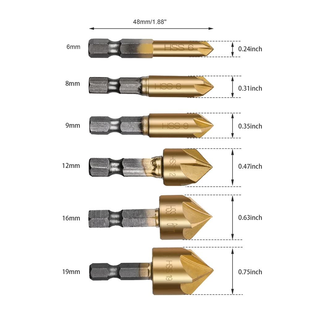 A-XINTONG 6PCS 1/4" Hex Shank Titanium Coated 5 Flute 90 Degree Countersink Drill Bits, 6mm-19mm HSS Countersink Woodworking Chamfer Drill Bit Set with a Automatic Center Punch