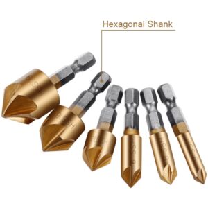 A-XINTONG 6PCS 1/4" Hex Shank Titanium Coated 5 Flute 90 Degree Countersink Drill Bits, 6mm-19mm HSS Countersink Woodworking Chamfer Drill Bit Set with a Automatic Center Punch