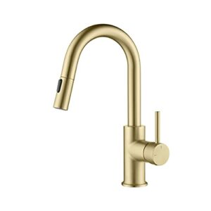 kibi single handle pull down faucet for kitchen sink | solid brass high arc faucet spout | kitchen faucet with pull down sprayer (brushed gold) (kkf2011)
