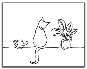 minimalist cat wall art - 14x11" unframed print - cat line drawing wall art with plants - black and white wall decor - cat lover gifts