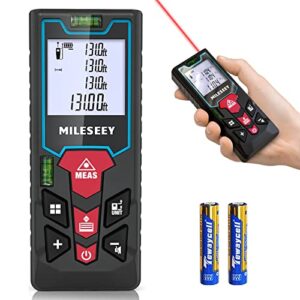 laser measure 130ft, mileseey s2h laser tape measure with 2 bubble levels, ±1/16in accuracy, laser measurement tool for area measurement,volume and pythagoras, 2" lcd backlit laser distance measure