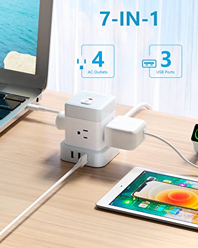 Power Strip with USB Baykul Flat Plug Extension Cord Cube with 4 Outlets 3 USB Ports 5ft Power Cord Surge Protector Desktop Charging Station Overload Protection Compact Portable for Home Travel Office