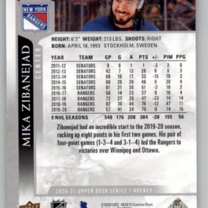 2020-21 Upper Deck #126 Mika Zibanejad New York Rangers NHL Hockey Trading Card