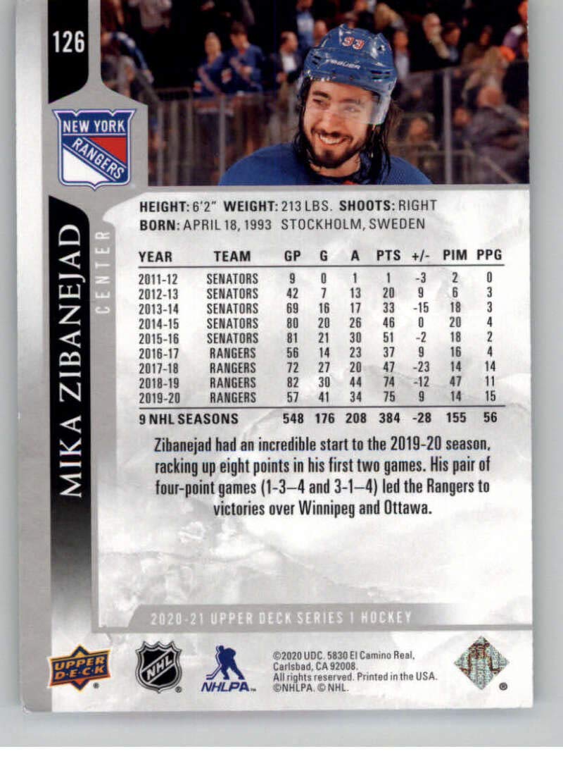 2020-21 Upper Deck #126 Mika Zibanejad New York Rangers NHL Hockey Trading Card