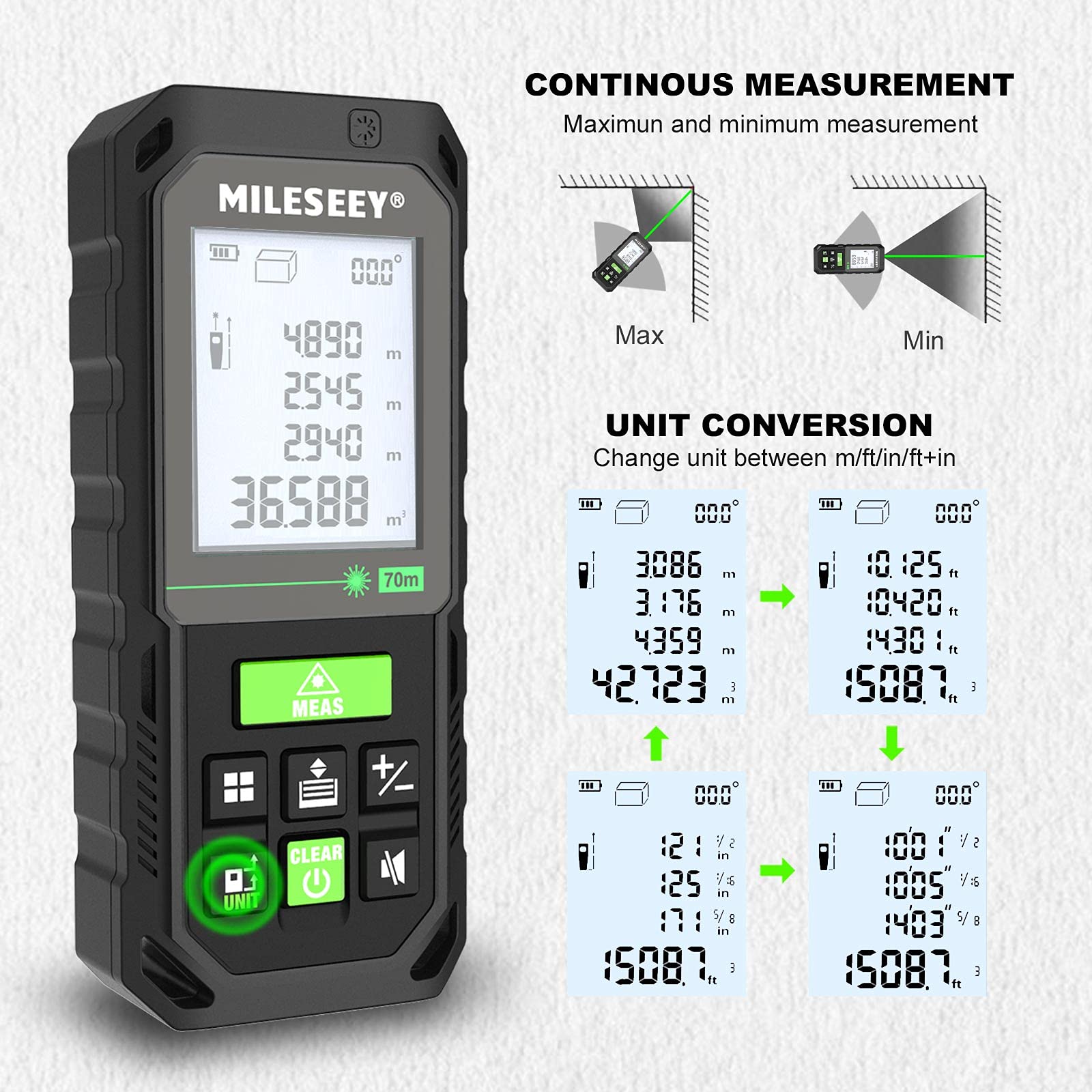 Mileseey S8GA Laser Measure Green Beam 230 ft, Laser Tape Measure with Angle Sensor IP65, Pythagorean, Distance, Area, Volume Measuring, ±1/16in Accuracy, Laser Measurement Tool