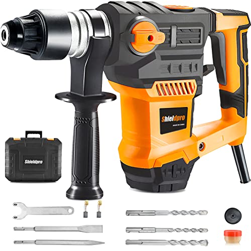 SHIELDPRO 1-1/4 Inch SDS-Plus 13 Amp Rotary Hammer Drill Heavy Duty, Safety Clutch 3 Functions with Vibration Control,Including Grease, Flat Chisels, Point Chisels and 3 Drill Bits