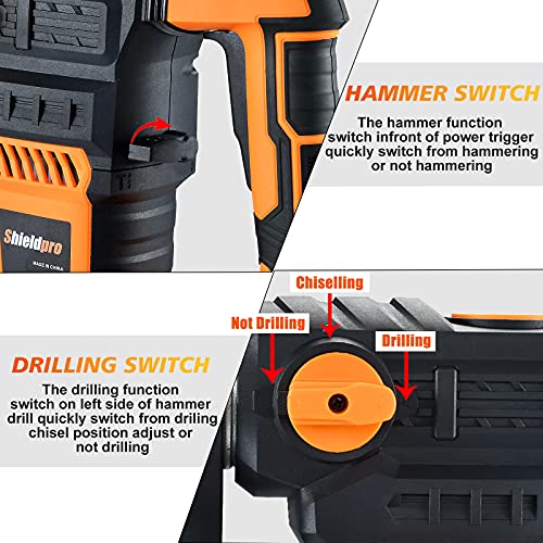 SHIELDPRO 1-1/4 Inch SDS-Plus 13 Amp Rotary Hammer Drill Heavy Duty, Safety Clutch 3 Functions with Vibration Control,Including Grease, Flat Chisels, Point Chisels and 3 Drill Bits