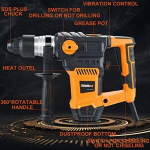 SHIELDPRO 1-1/4 Inch SDS-Plus 13 Amp Rotary Hammer Drill Heavy Duty, Safety Clutch 3 Functions with Vibration Control,Including Grease, Flat Chisels, Point Chisels and 3 Drill Bits