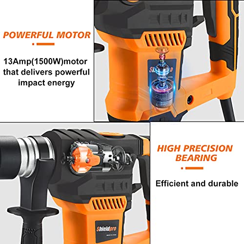 SHIELDPRO 1-1/4 Inch SDS-Plus 13 Amp Rotary Hammer Drill Heavy Duty, Safety Clutch 3 Functions with Vibration Control,Including Grease, Flat Chisels, Point Chisels and 3 Drill Bits