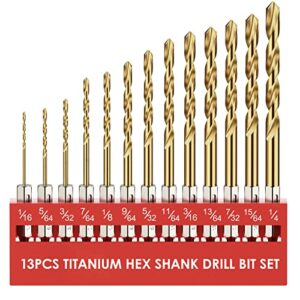 macxcoip hex shank drill bit set, 13pcs hss titanium twist drill bit for sheet metal, wood, plastic, quick change design (1/16" - 1/4")