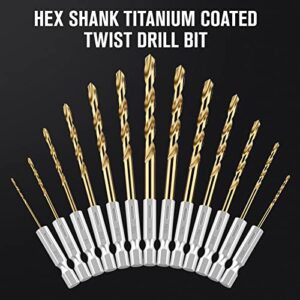MACXCOIP Hex Shank Drill Bit Set, 13Pcs HSS Titanium Twist Drill Bit for Sheet Metal, Wood, Plastic, Quick Change Design (1/16" - 1/4")