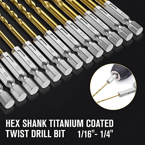 MACXCOIP Hex Shank Drill Bit Set, 13Pcs HSS Titanium Twist Drill Bit for Sheet Metal, Wood, Plastic, Quick Change Design (1/16" - 1/4")