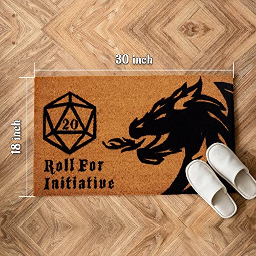 Roll for Initiative Welcome Mat Brown Coir Funny Doormat Printed with Dragon and D20 Roleplaying Tabletop RPG Gaming Non-Slip Backing Door Mat, 30"x18"