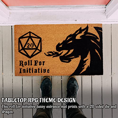 Roll for Initiative Welcome Mat Brown Coir Funny Doormat Printed with Dragon and D20 Roleplaying Tabletop RPG Gaming Non-Slip Backing Door Mat, 30"x18"