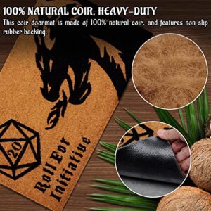 Roll for Initiative Welcome Mat Brown Coir Funny Doormat Printed with Dragon and D20 Roleplaying Tabletop RPG Gaming Non-Slip Backing Door Mat, 30"x18"