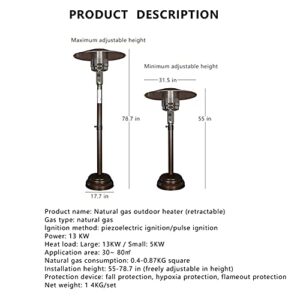 Natural Gas Patio Heater,Outdoor Heater For Natural Gas Adjustable Height, Between 140-200cm(55-78in),Includes 12 Ft-Long Natural Gas Hose,Passed cETL Certification,This Allows You To Have A P