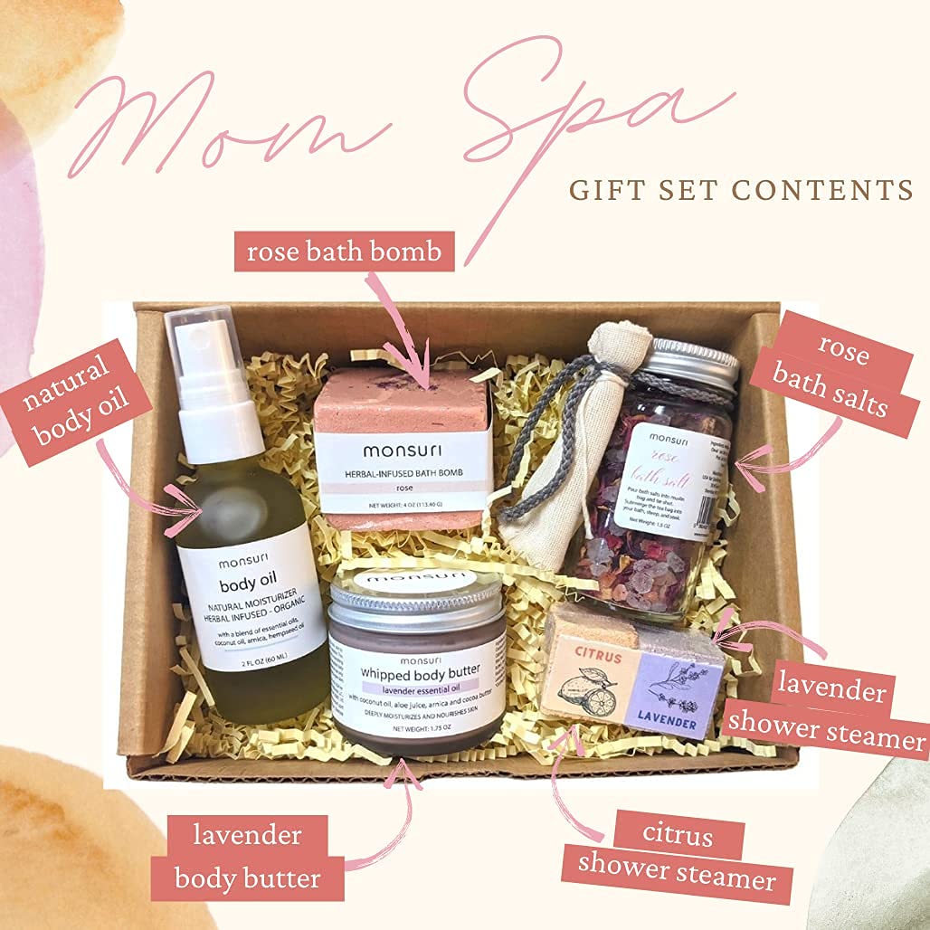 Self Care Gift Basket for Mom: New Mommy Care Package Pampering Gift Set with Bath Accessories and Natural Skincare Products. Our Spa Day Kit for Women is the ideal Birthday Gift Basket for her.