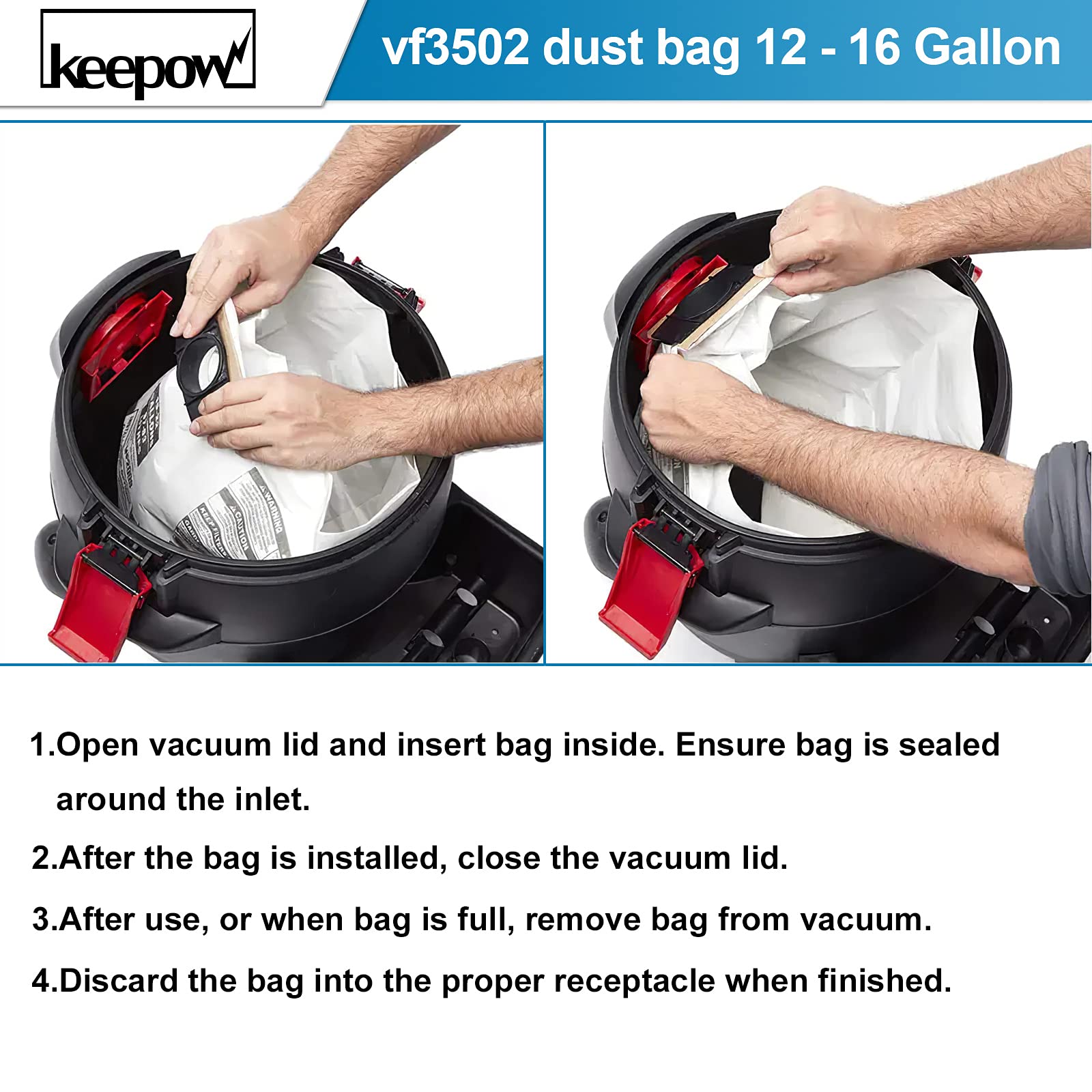 iKEEPOW VF3502 Shop Vac Bags Compatible with Ridgid Wet Dry Vacuum, 12-16 Gallon Bags, Replacement Fiter Bags Accessions, 23743 VF3502 High Efficiency Dust Bags (9 Pack)