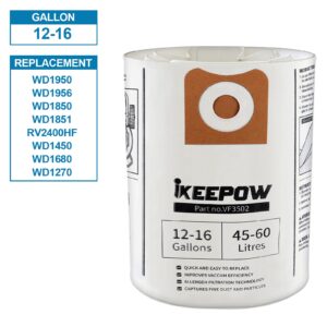 iKEEPOW VF3502 Shop Vac Bags Compatible with Ridgid Wet Dry Vacuum, 12-16 Gallon Bags, Replacement Fiter Bags Accessions, 23743 VF3502 High Efficiency Dust Bags (9 Pack)