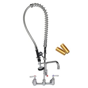 tceumik commercial kitchen sink faucet with pre-rinse sprayer 8'' center 36'' height with 12'' swivel spout adjustable wall-mount faucet for 2 or 3 industrial restaurant compartment utility sinks