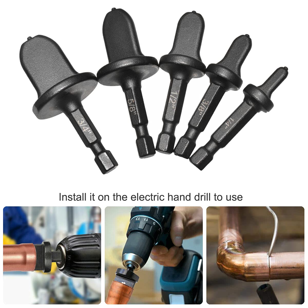 Saipe 5 Pcs Swaging Tool Drill Bit Set 1/4 Inch Hex Shank Copper Pipe Flaring Tool Tube Expander Air Conditioner Copper Pipe Swaging Flaring Tool for Copper Tubing (1/4'', 3/8'', 1/2'', 5/8'', 3/4'')