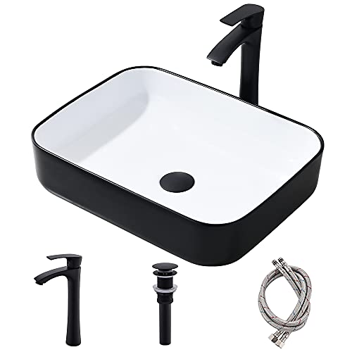 White and Black Bathroom Sink with Faucet and Drain Combo-Bokaiya 16x12 Rectangle Vessel Sink Above Counter Porcelain Ceramic Bathroom Sink Art Basin, Faucet and Pop Up Drain Combo