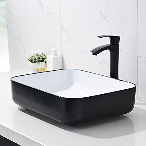 White and Black Bathroom Sink with Faucet and Drain Combo-Bokaiya 16x12 Rectangle Vessel Sink Above Counter Porcelain Ceramic Bathroom Sink Art Basin, Faucet and Pop Up Drain Combo