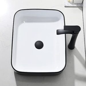 White and Black Bathroom Sink with Faucet and Drain Combo-Bokaiya 16x12 Rectangle Vessel Sink Above Counter Porcelain Ceramic Bathroom Sink Art Basin, Faucet and Pop Up Drain Combo