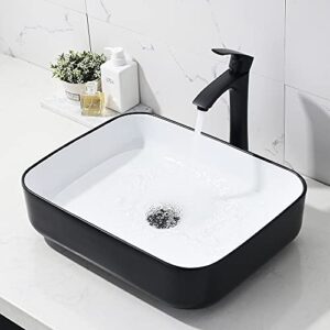 White and Black Bathroom Sink with Faucet and Drain Combo-Bokaiya 16x12 Rectangle Vessel Sink Above Counter Porcelain Ceramic Bathroom Sink Art Basin, Faucet and Pop Up Drain Combo