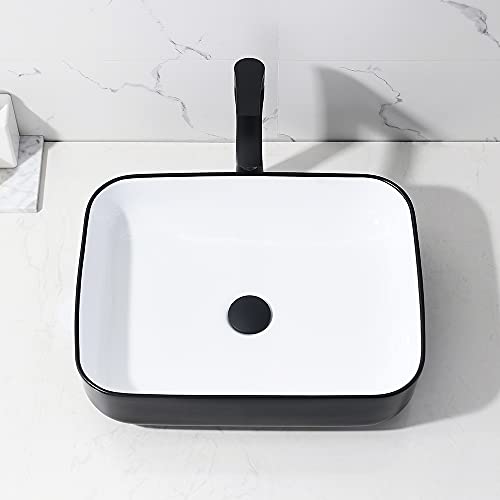 White and Black Bathroom Sink with Faucet and Drain Combo-Bokaiya 16x12 Rectangle Vessel Sink Above Counter Porcelain Ceramic Bathroom Sink Art Basin, Faucet and Pop Up Drain Combo