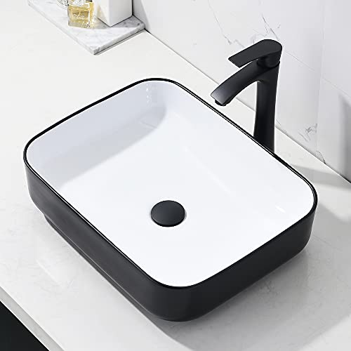 White and Black Bathroom Sink with Faucet and Drain Combo-Bokaiya 16x12 Rectangle Vessel Sink Above Counter Porcelain Ceramic Bathroom Sink Art Basin, Faucet and Pop Up Drain Combo