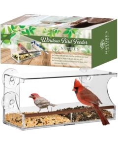 nature's envoy window bird feeder – clear view for birdwatching - strong suction cups for outside - slide out seed tray w/drain holes for easy refill & clean - acrylic outdoor feeder for wild birds