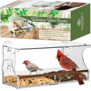 Nature's Envoy Window Bird Feeder – Clear View for Birdwatching - Strong Suction Cups for Outside - Slide Out Seed Tray w/Drain Holes for Easy Refill & Clean - Acrylic Outdoor Feeder for Wild Birds