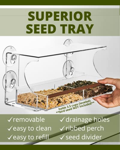 Nature's Envoy Window Bird Feeder – Clear View for Birdwatching - Strong Suction Cups for Outside - Slide Out Seed Tray w/Drain Holes for Easy Refill & Clean - Acrylic Outdoor Feeder for Wild Birds