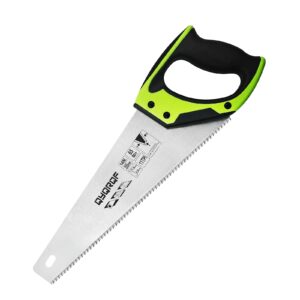 14 in. pro hand saw, 11 tpi fine-cut soft-grip hardpoint handsaw perfect for sawing, trimming, gardening, cutting wood, drywall, plastic pipes, sharp blade, ergonomic non-slip handle (green)