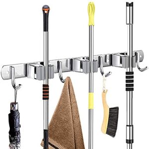 1 pack broom mop holder wall mount garage organization wall organizer storage broom closet kitchen organization heavy duty garage tools hanger with 3 racks 4 hooks for home kitchen laundry room (grey)