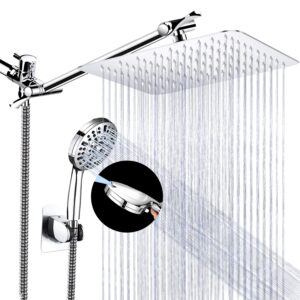 shower head, high pressure hydrojet rainfall shower head / 6 spray settings handheld showerhead combo with 11 inch extension arm, anti-leak shower head with holder, 1.5m hose, chrome