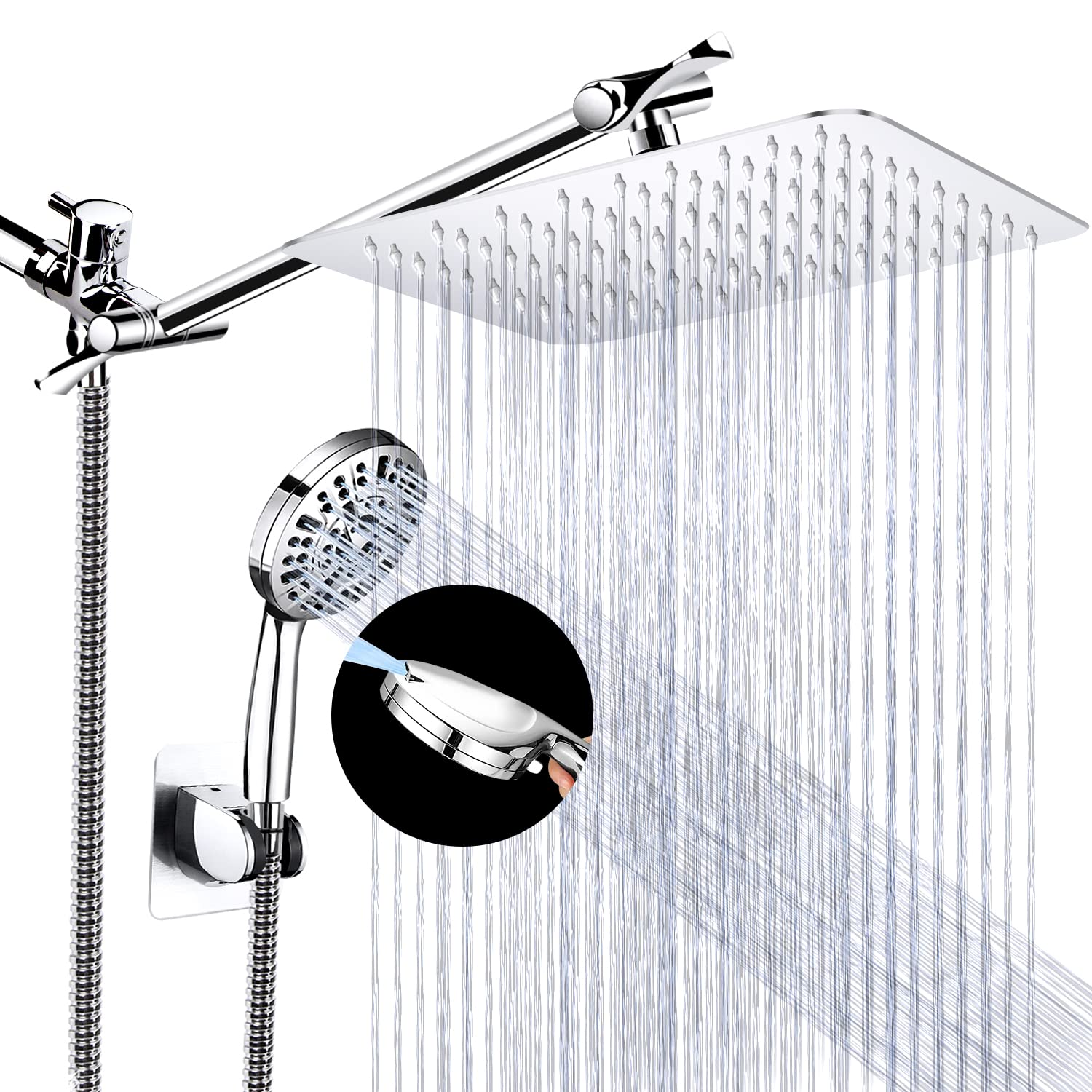 Shower Head, High Pressure Hydrojet Rainfall Shower Head / 6 Spray Settings Handheld Showerhead Combo with 11 inch Extension Arm, Anti-leak Shower Head with Holder, 1.5M Hose, Chrome