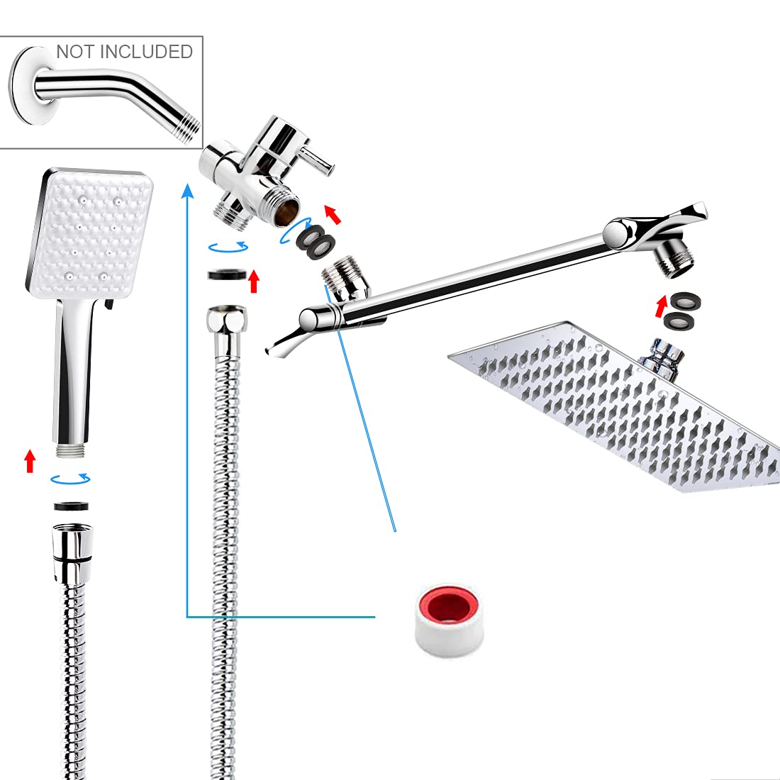 Shower Head, High Pressure Hydrojet Rainfall Shower Head / 6 Spray Settings Handheld Showerhead Combo with 11 inch Extension Arm, Anti-leak Shower Head with Holder, 1.5M Hose, Chrome